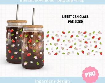 Strawberry Glass Can Wrap PNG, 16oz 20oz Sublimation Design (Digital Download)