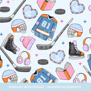 May include: A seamless pattern featuring illustrations of hockey equipment and accessories. The design includes hockey sticks, pucks, jerseys, helmets, ice skates, earmuffs, books, and heart-shaped designs with the text "GO TEAM" on a light blue background.