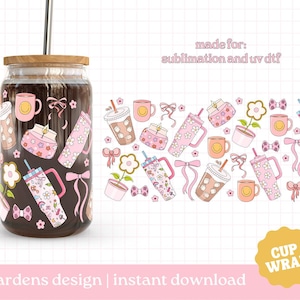 Wrap beker beker Girly Things, verpakking glazen blik 16 oz, coquette coffee png, glazen beker, verpakking Libby-glas