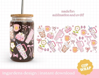 Girly Things Cup Wrap, 16oz Glass Can Wrap, coquette coffee PNG, Glass Cup, Libby glass can wrap