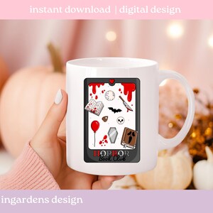 May include: White ceramic mug with a black and red graphic featuring horror-themed illustrations, such as a book, knife, and coffin. The mug has the text "HORROR Book Club". The words "instant download | digital design" are at the top.