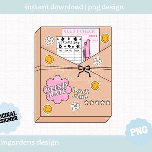 May include: A tan-colored book club design with a pink cloud-shaped sticker that says "Blind Date Book Club". The design includes a reading list, guest check, pen, and decorative stickers of flowers and smiley faces. A black bow ties the design together.