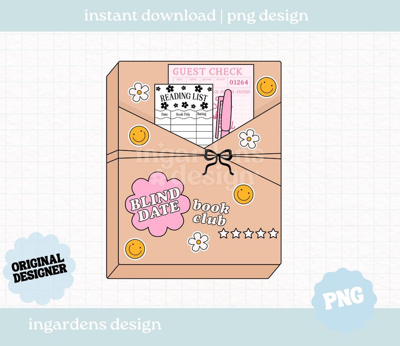 May include: A tan-colored book club design with a pink cloud-shaped sticker that says "Blind Date Book Club". The design includes a reading list, guest check, pen, and decorative stickers of flowers and smiley faces. A black bow ties the design together.