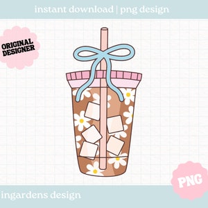 Daisy Coffee and Bow Clipart PNG, Café helado png, Café de moda png, Descarga de arte digital para camisetas, pegatinas, Totebags y más