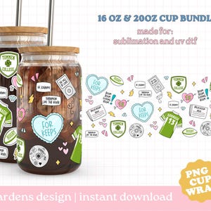 May include: Two glass cups with wooden lids, decorated with stickers featuring sports-themed graphics and text. The image also includes a design with similar graphics. The text on the image reads "16 OZ & 20OZ CUP BUNDLE" and "FOR KEEPS".