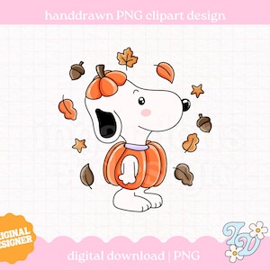 May include: A white cartoon dog illustration wearing a pumpkin costume and a pumpkin hat, surrounded by floating brown acorns, orange leaves, and small orange stars. The design features a light pink grid background and includes the text handdrawn PNG clipart design.