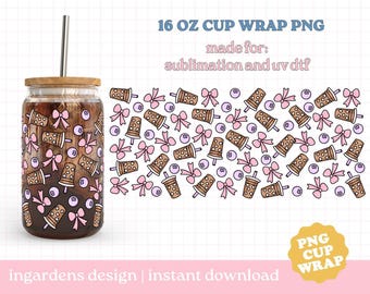Iced Coffee Cup Wrap PNG, 16oz Glass Can Wrap, Blueberry Bow Coffee Cup Wrap Digital Download, Glass Cup, Libby glass can wrap