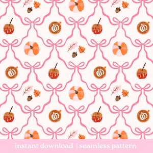May include: A seamless pattern on a white background featuring a repeating grid of pink ribbons tied in bows. The design includes illustrations of orange pumpkins, red candy apples, brown acorns, and autumn leaves in shades of orange and brown.