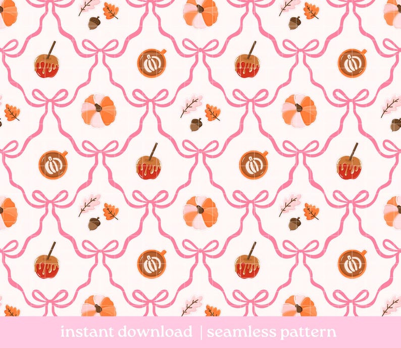 May include: A seamless pattern on a white background featuring a repeating grid of pink ribbons tied in bows. The design includes illustrations of orange pumpkins, red candy apples, brown acorns, and autumn leaves in shades of orange and brown.