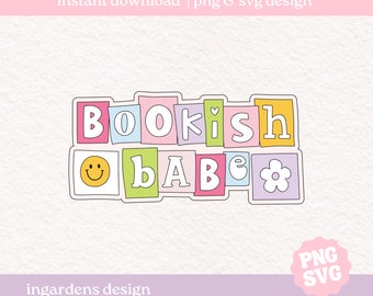 Könnte beinhalten: Ein farbenfrohes Grafikdesign mit dem Text "Bookish Babe" in einer Blockschrift. Die Buchstaben sind in verschiedenen Farben und Formen, mit einem Smiley und einer Blume.