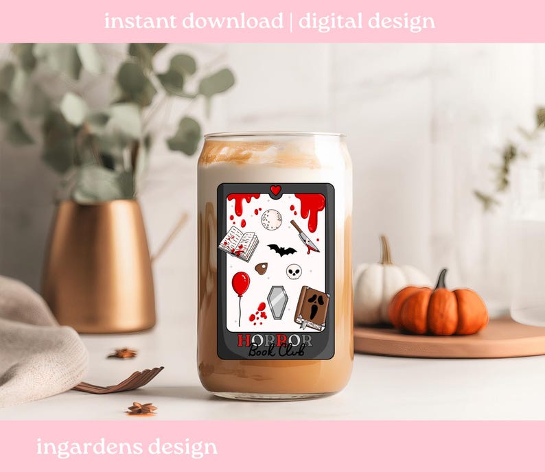 May include: A glass coffee cup with a spooky design featuring a red blood splatter, a knife, a bat, a skull, and the words "HORROR Book Club". The cup is filled with a creamy beverage and is decorated with a digital design.