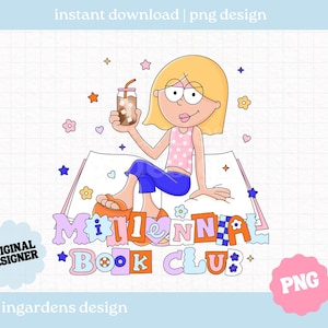 Può includere: Illustrazione a cartoni animati di una donna bionda che tiene in mano un caffè freddo, seduta su un libro con la scritta "Millennial Book Club". Il design include stelle, cuori e fiori, con il testo "instant download | png design".