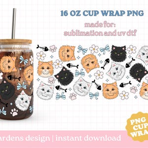 Fluffy Cat Cup Wrap PNG, 16oz Glass Can Wrap Digital Download, Cat Wrap PNG, Glass Cup, Libby glass can wrap