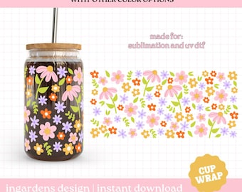 Seasonal Floral Cup Wrap, Hand-drawn Flower Floral Cup Wrap 16oz Glass Can Wrap, Glass Cup, Libby glass can wrap