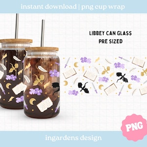 May include: Two glass Libbey can glasses with wooden lids and metal straws, filled with a dark beverage. The glasses are decorated with a repeating pattern of dragons, books, swords, and flowers. The text "LIBBEY CAN GLASS PRE SIZED" is visible.