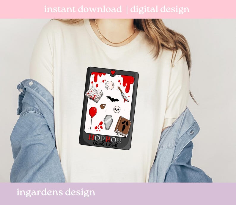 May include: Cream-coloured t-shirt with a graphic of a black tablet displaying horror-themed illustrations, such as a book, knife, and skull. The tablet reads "HORROR BOOK CLUB". The words "instant download | digital design" are at the top.