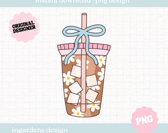 Daisy Coffee and Bow Clipart PNG, Iced Coffee png, Trendy Coffee png, Digital Art Download for Tshirt, Stickers,  Totebags and more