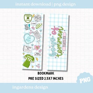 May include: A pair of rectangular bookmarks with a light blue gingham pattern. One bookmark features various doodle-style illustrations, including a green jersey with the number 13. The other bookmark says "Boys of Tommen Fanclub."