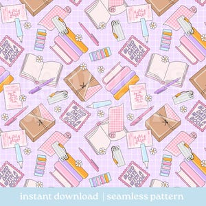 Puede incluir: Patrón sin costuras con libros, bolígrafos y artículos de papelería en colores pastel. El diseño incluye paquetes envueltos, libros abiertos y el texto "Blind Date With A Book" sobre un fondo de cuadrícula lila. Las margaritas y otros elementos completan el diseño.