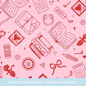 Pode incluir: Padrão rosa sem costura com ilustrações vermelhas de livros, corações, dragões, óculos e outros elementos relacionados à leitura. As palavras "BOOKS" e "REVIEW" são visíveis. A frase "instant download | seamless pattern" está na parte inferior.