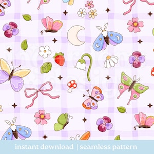 May include: Seamless pattern featuring colorful butterflies, flowers, mushrooms, bows, and a crescent moon on a light purple plaid background. The design includes the text "instant download | seamless pattern" at the bottom.