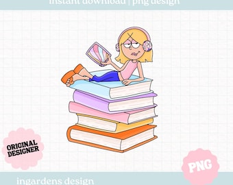 Bookish Girlie Lizzie PNG, Bookish PNG, Digital Download Art for T-shirt, Sticker, Mug and More