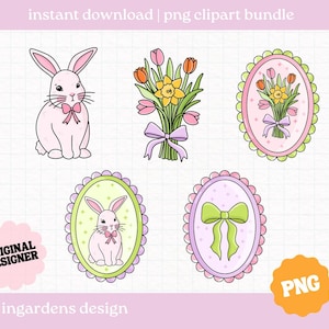 Spring Clipart PNG, Individual Spring Bunny Floral Bow Clipart Designs PNG, Digital download for t-shirt, mug, stickers and more image 1