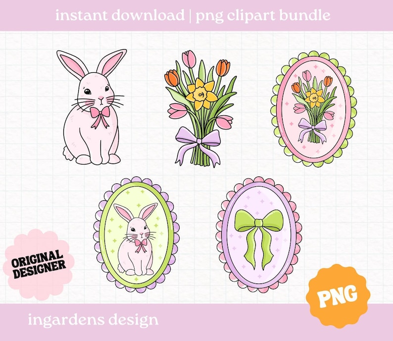 Spring Clipart PNG, Individual Spring Bunny Floral Bow Clipart Designs PNG, Digital download for t-shirt, mug, stickers and more image 1