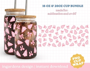 Pink Christmas Tree and Bow Cup Wrap PNG, Christmas Holiday Cup Wrap, 16oz  20oz Glass Can Wrap, cup wrap PNG, Glass Cup