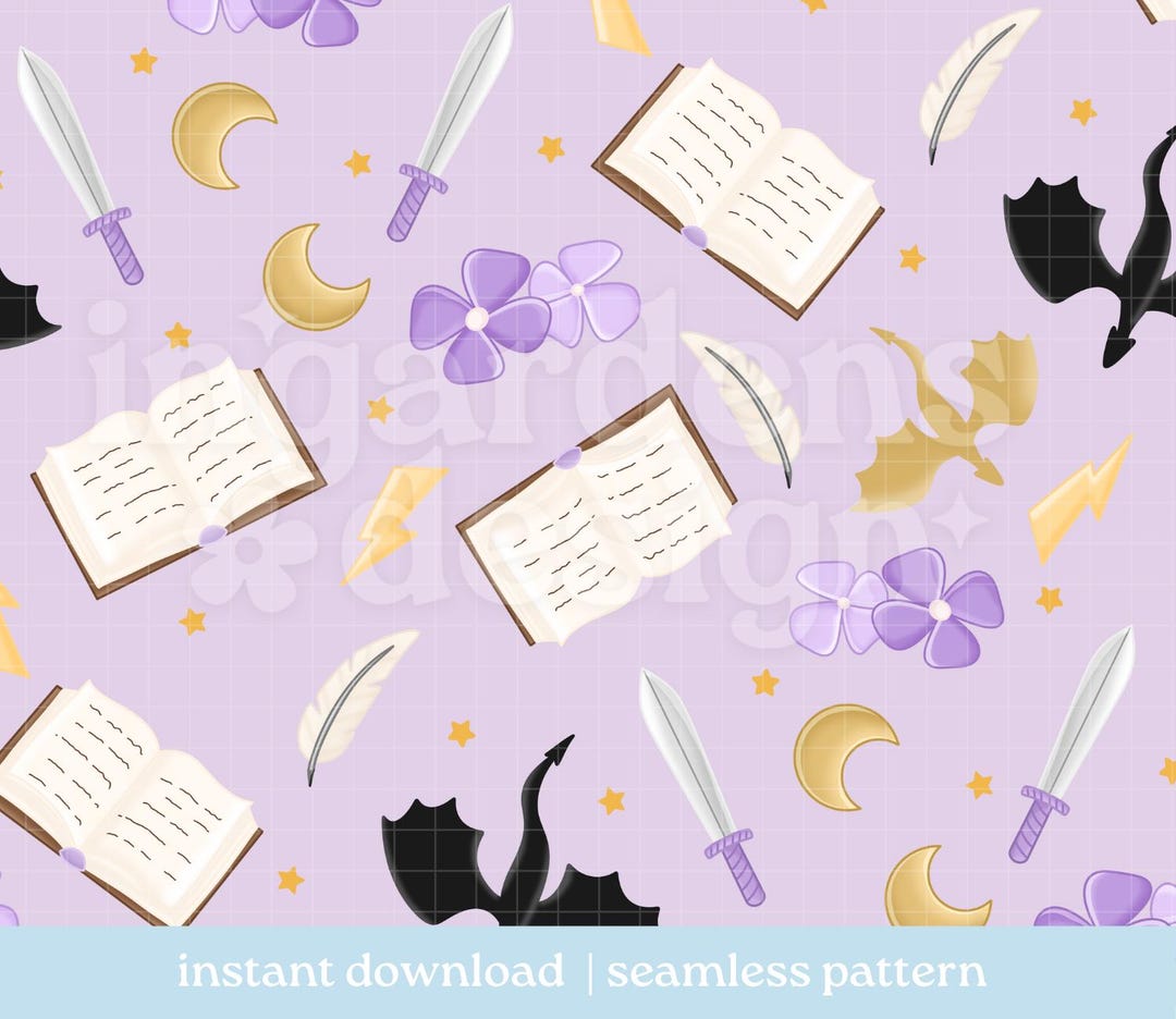 Dragon Reader Bookish Fantasy Seamless Pattern, Digital Download ...