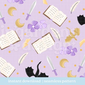 May include: A seamless pattern featuring fantasy elements on a light purple grid background. The design includes open books, swords, moons, flowers, feathers, dragons, and lightning bolts in various colors. The text "instant download | seamless pattern" is at the bottom.