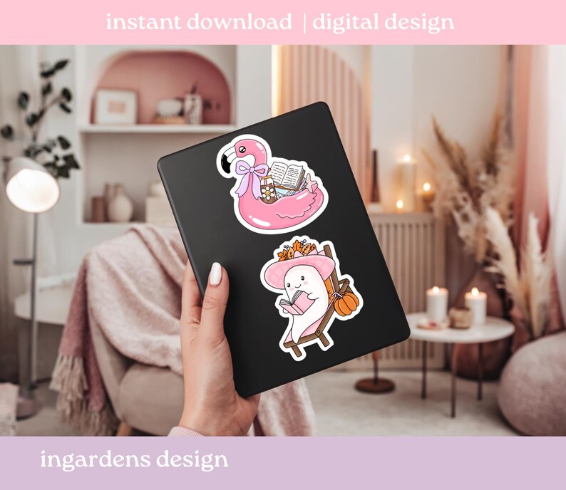 May include: Two stickers on a black tablet. One sticker is a pink flamingo float with books. The other is a white ghost reading a book in a beach chair with a pumpkin. Text at the top says "instant download | digital design".