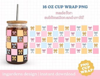 Bow Checkered Cup Wrap PNG, Libby Cup Wrap Design 16oz Glass Can Wrap, Digital Download