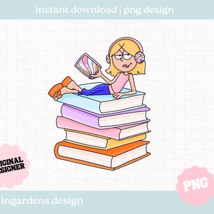Chica de libros PNG, PNG de libros, descarga digital de arte para camisetas, pegatinas, tazas y más