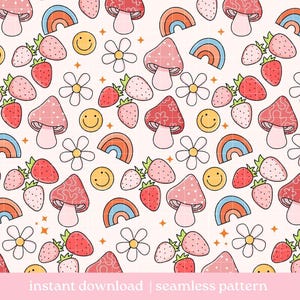 Happy Seamless Pattern, Mushroom Rainbow Smile Flower Strawberry Doodle Pattern, Digital Download, Seamless Pattern, Repeat Pattern