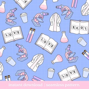 May include: A seamless pattern on a light blue grid background featuring repeating illustrations of pink and blue microscopes, white lab coats, pink liquid-filled flasks, pairs of test tubes, coffee cups, and open books with the word LOVE printed.