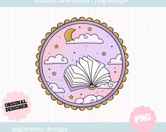 May include: A round PNG design featuring an open book floating among clouds, stars, and a crescent moon. The design is set against a gradient pink and purple background, with a gold scalloped border. Text includes "instant download | png design", "original designer", and "ingardens design".