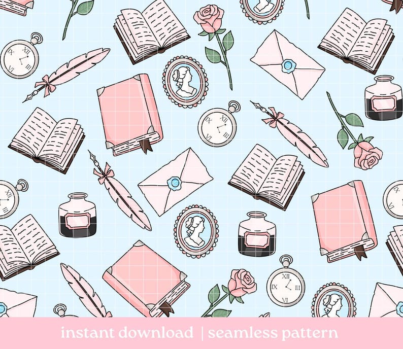 Historical Romance Seamless Pattern PNG, Bookish Seamless Pattern, Digital Download, Repeat Pattern image 1