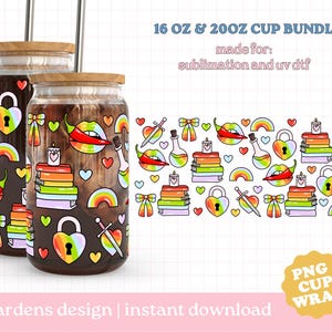 May include: Two glass jars with wooden lids, decorated with colorful illustrations of rainbows, hearts, books, and lips. The jars are part of a cup bundle, with the text "16 OZ & 20OZ CUP BUNDLE" and "PNG CUP WRAP" visible.