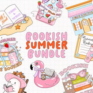 Op de afbeelding: Een kleurrijke illustratie met het thema "Bookish Summer Bundle". De afbeelding bevat boeken, een flamingo-drijver, een Kindle en een boekwinkel. Tekst bevat "All I Need is Books & the Beach" en "Summer Reading".