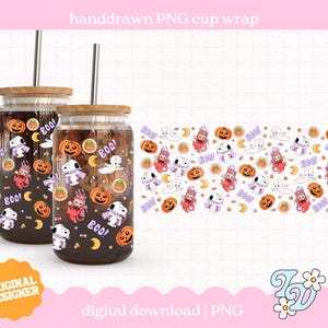 May include: Two glass tumblers with bamboo lids and metal straws featuring a repeating Halloween pattern of cartoon dogs in capes, ghosts, orange pumpkins, yellow crescent moons, and the purple text BOO on a dark background.