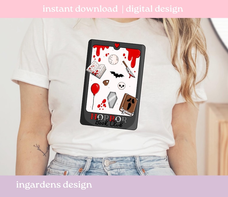May include: White t-shirt with a black tablet design showcasing horror-themed illustrations. The tablet includes a red heart, blood drips, a knife, a skull, a coffin, a book, a bat, a balloon, and the text "HORROR Book Club".