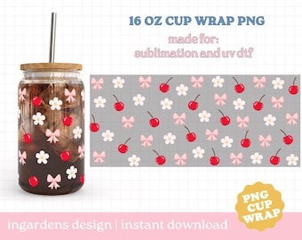 Cherry Daisy Cup Wrap PNG, 16oz Glass Can Wrap, Cherry Bow Coffee Cup Wrap Digital Download, Glass Cup, Libby glass can wrap