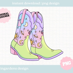 May include: A pair of light green cowboy boots with a pink, purple and blue galaxy print. The boots have a pink heel and a white star pattern.