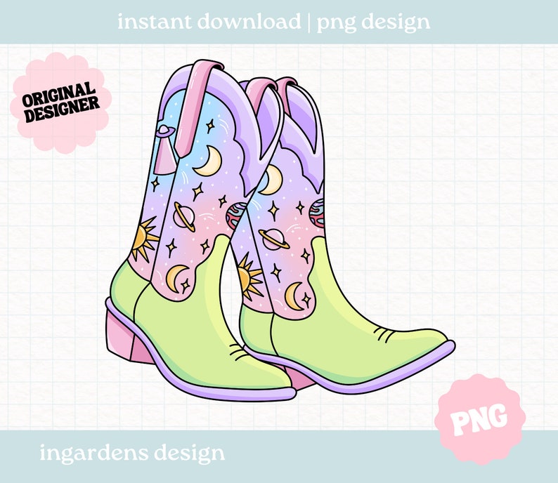 May include: A pair of light green cowboy boots with a pink, purple and blue galaxy print. The boots have a pink heel and a white star pattern.