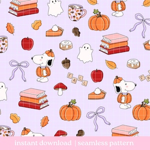 May include: A seamless pattern on a light purple grid background featuring cartoon illustrations of Snoopy wearing a pumpkin costume, stacks of books, orange pumpkins, white ghosts, mugs with acorn prints, red apples, bows, and the word FALL.
