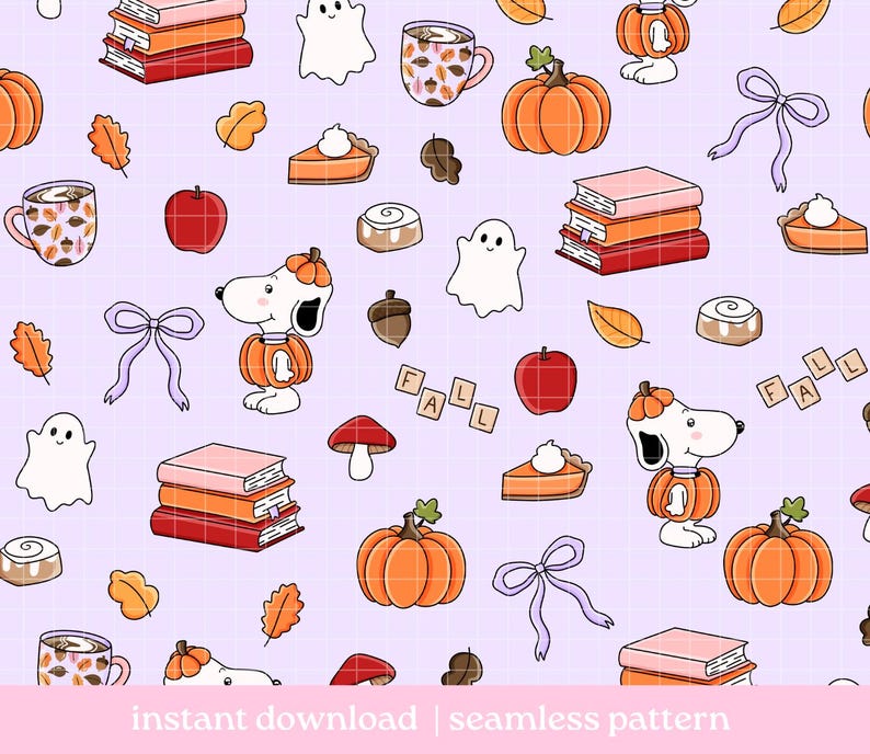 May include: A seamless pattern on a light purple grid background featuring cartoon illustrations of Snoopy wearing a pumpkin costume, stacks of books, orange pumpkins, white ghosts, mugs with acorn prints, red apples, bows, and the word FALL.
