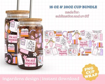Bookish Moodboard Cup Wrap PNG, 16 Unzen 20 Unzen Glasdosenverpackung, Cup Wrap PNG, Glasbecher, Libby Glasdosenverpackung