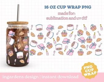 Picnic Cup Wrap PNG, 16oz Glass Can Wrap, Spring Picnic Cup Wrap Digital Download, Glass Cup, Libby glass can wrap