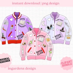 May include: Three varsity-style jackets in purple, pink, and lavender, each adorned with patches. The jackets feature the words "DARK ROMANCE", "ROMANCE", and "FANTASY" along with "BOOK CLUB". The image includes the text "instant download | png design".